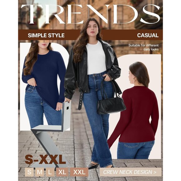 4 Pack Women's Plus Size Long Sleeve Shirts Crew Neck Casual Tops - Picture 6 of 7